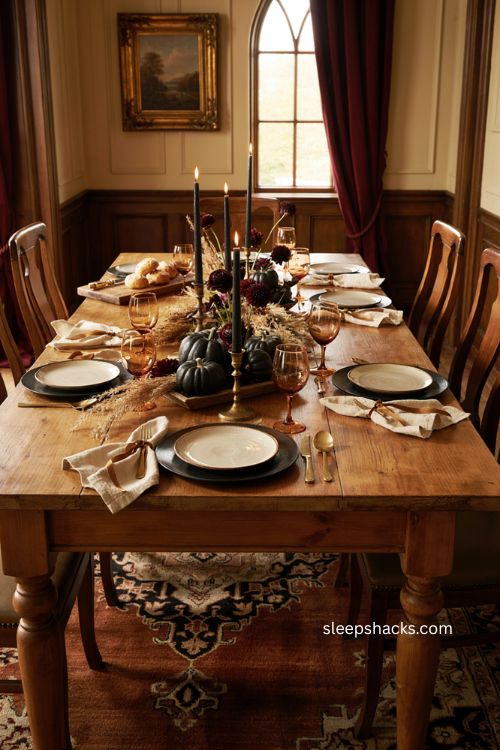 Gold flatware on black plates with cream linens for an elegant Thanksgiving table 