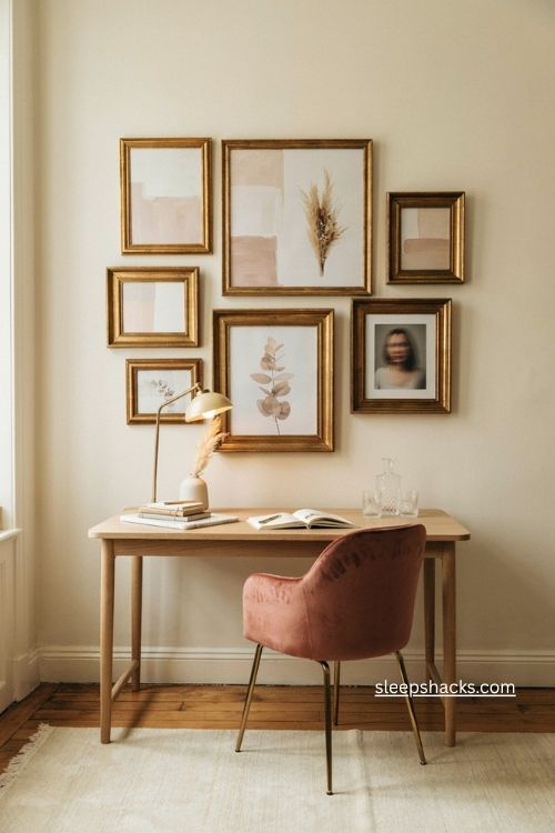 Gold frame gallery wall ideas for a glamorous home office 
