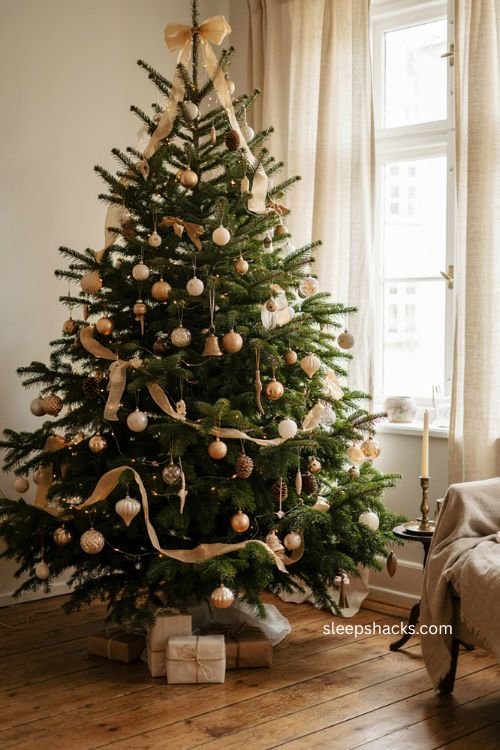 Gold ribbon bow Christmas tree topper with champagne ornaments and warm white lights 