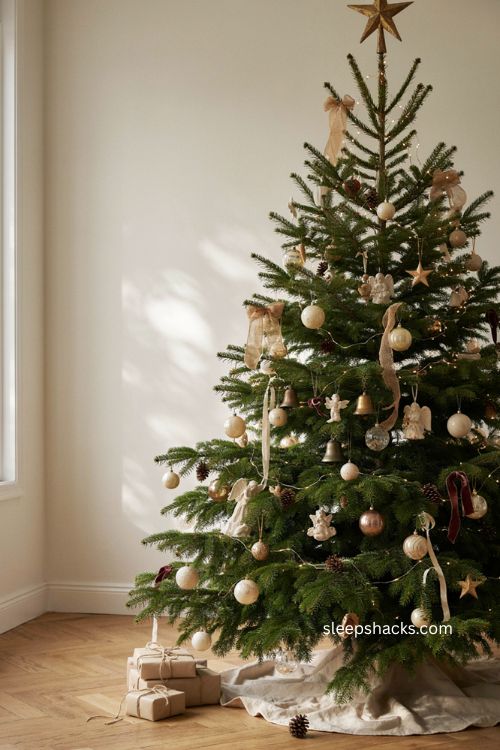 Gold ribbon bows on a warm elegant Christmas tree with cream ornaments 