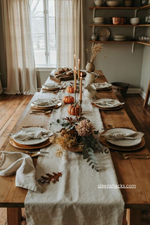 Gold rimmed charger plates Thanksgiving table setting 