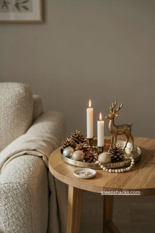 Gold silver and champagne christmas end table decor with candles reindeer and pinecones 