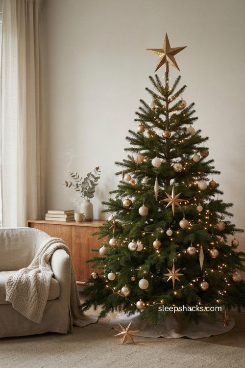 Gold star celestial Christmas tree with warm white lights and champagne ornaments