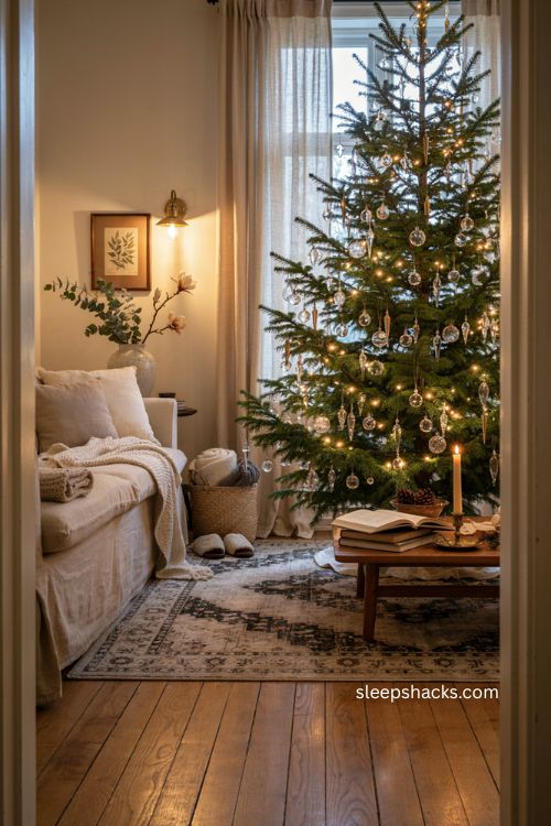 Gold toned icicle ornaments on a warm Christmas tree 