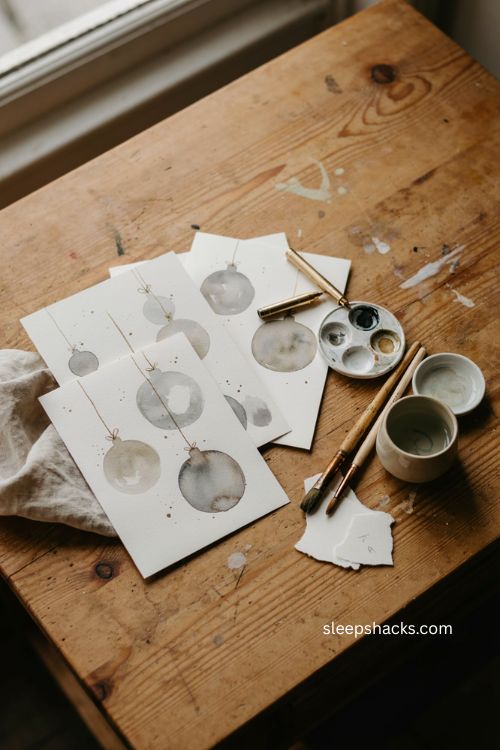 Gold watercolor Christmas ornament cards with soft gray paint and elegant handmade holiday details 