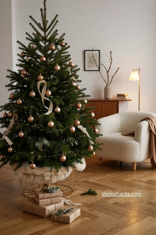 Gold wire basket Christmas tree stand with faux fur lining elegant gold ornaments and warm white lights 