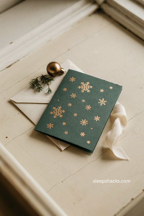 Golden foil snowflake Christmas card with deep green elegant design 
