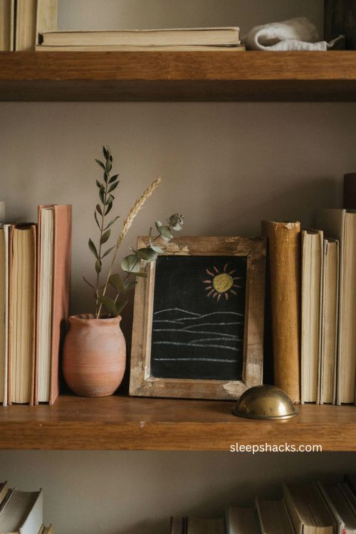 Golden hour fall chalkboard decor for a cozy home office bookshelf 