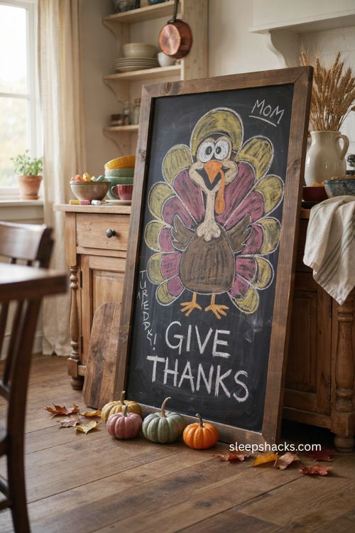 Goofy cartoon turkey Thanksgiving chalkboard with kids doodles and cozy farmhouse kitchen decor 