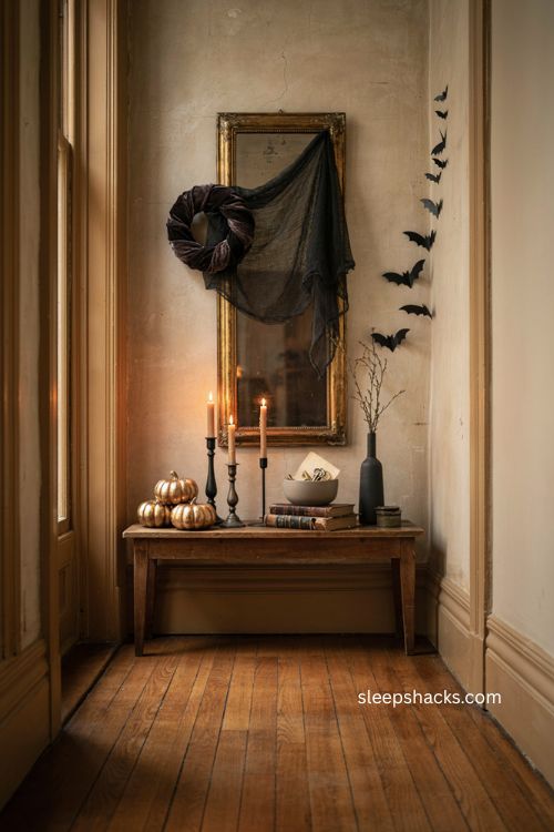Gothic Halloween entry table with draped mirror gold pumpkins black candles and paper bats