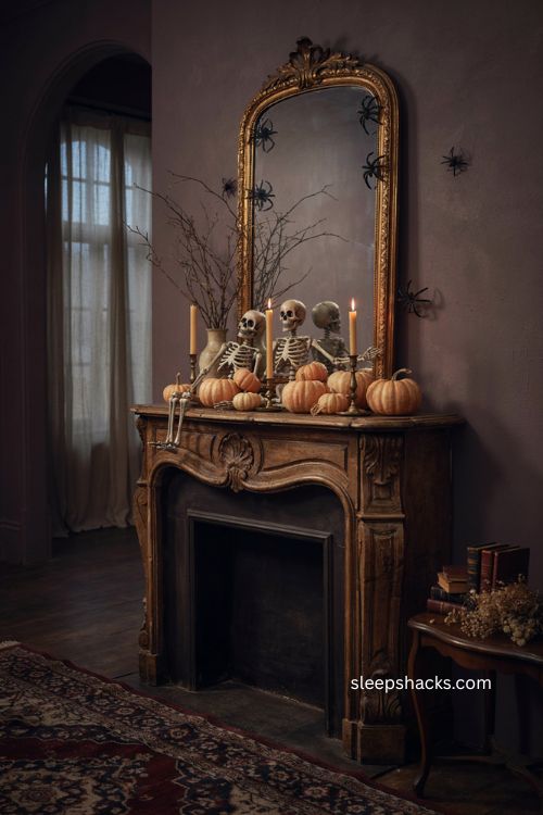 Gothic glam fireplace mantel with skeletons spiders gilded mirror and peach pumpkins Halloween decor