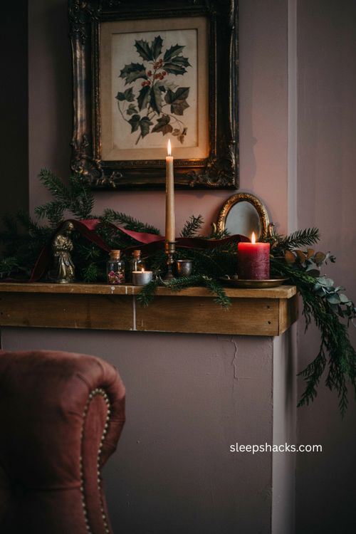 Gothic whimsigoth christmas mantel with dark greenery burgundy ribbon and antique brass