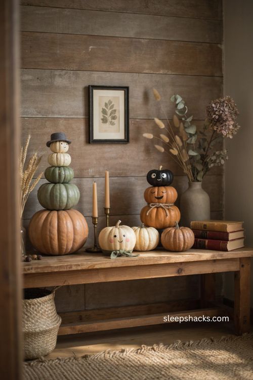 Gourd family with stacked pumpkins and cozy Halloween entryway decor 