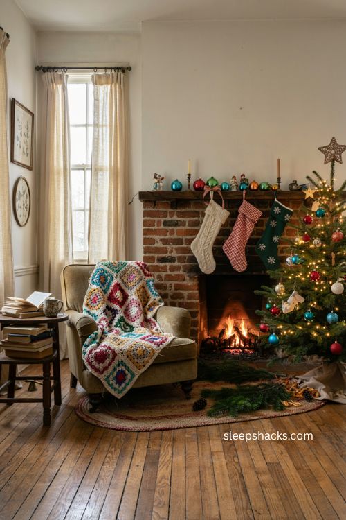 Granny square blanket anchoring colorful vintage Christmas decor 
