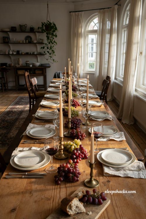 Grape and tall candle Thanksgiving centerpiece for an elegant dining table 