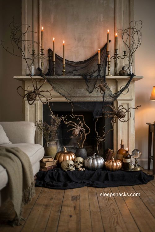 Grapevine spiders and curly willow Halloween fireplace mantel with natural gothic decor