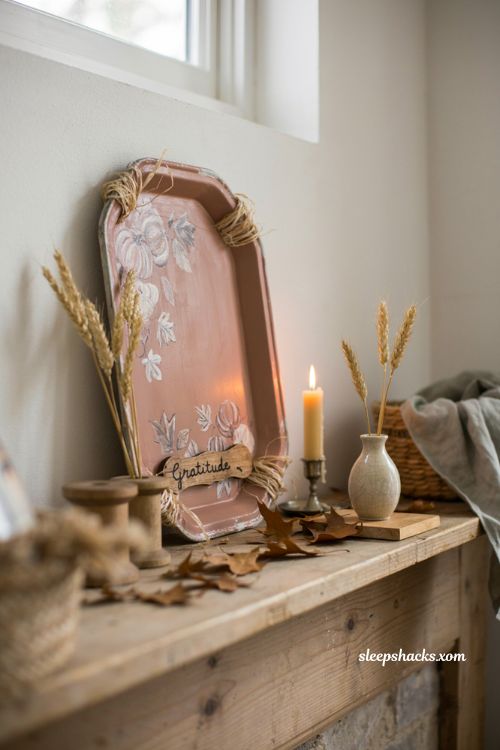 Grateful tray shelf sitter with rustic Thanksgiving leaves and autumn decor 