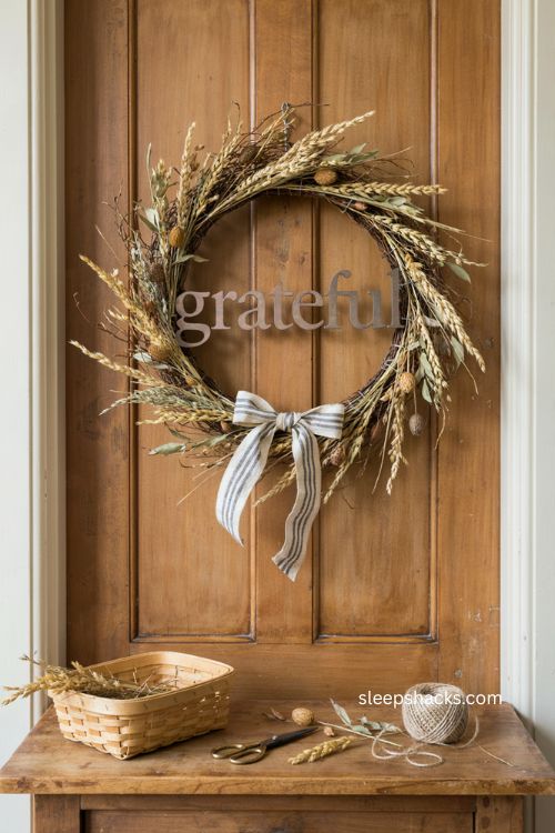 Grateful word wreath Thanksgiving door decor with ticking ribbon and dried stems 