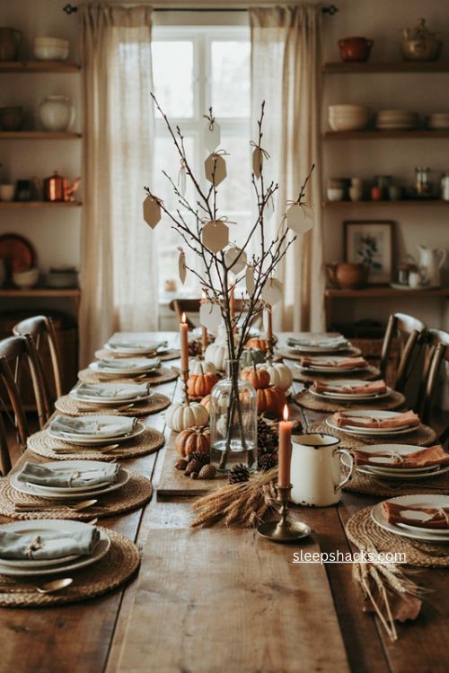 Gratitude tree Thanksgiving centerpiece with autumn branches and paper leaves 
