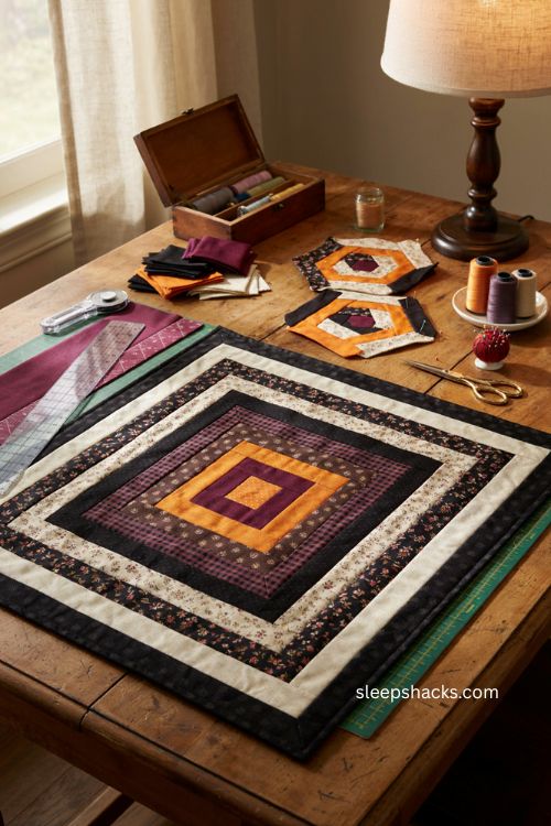 Great granny square Halloween quilt with black purple and orange concentric patchwork