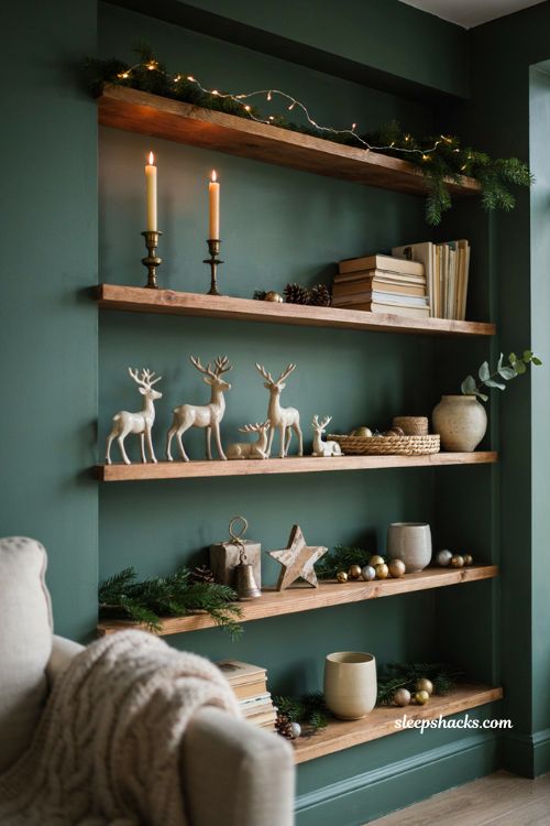 Green Christmas built in shelves with reindeer and candlesticks