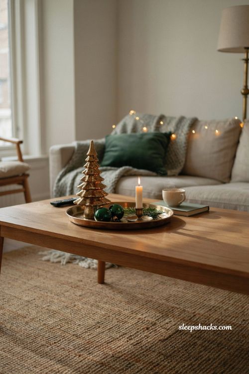 Green Christmas coffee table decor with brass tray
