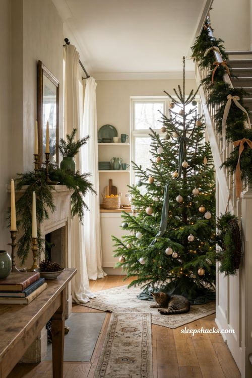 Green Christmas decor ideas with evergreen gold and silver accents