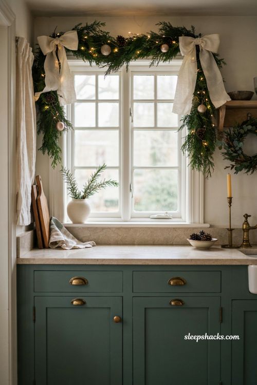Green Christmas decor ideas with garland and bows on kitchen window