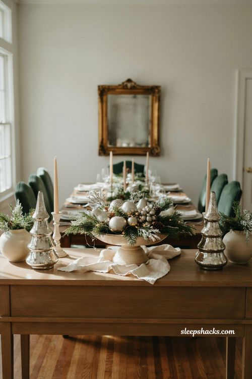 Green Christmas decor ideas with mercury glass trees and pedestal bowl