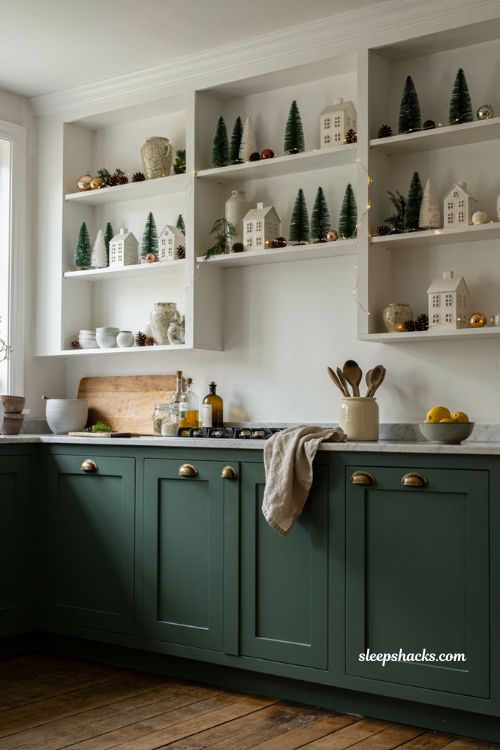 Green Christmas decor ideas with mini trees and white houses