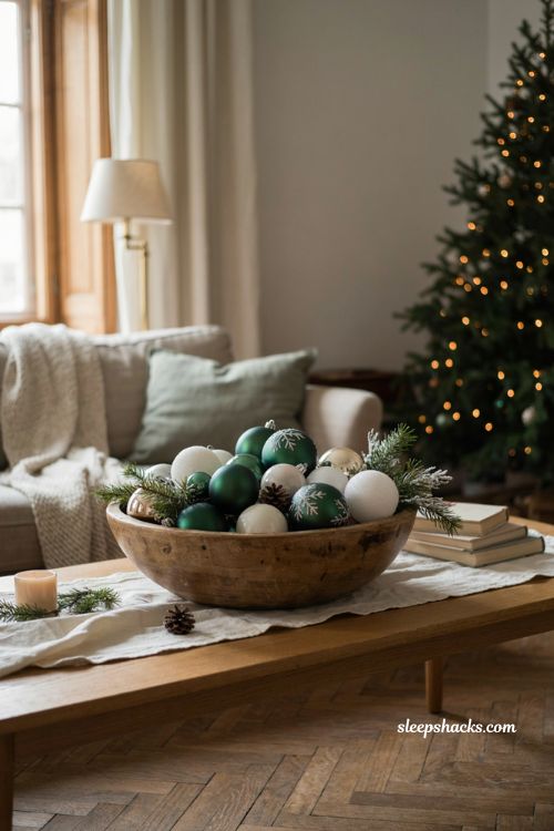 Green Christmas decor ideas with oversized ornaments in dough bowl