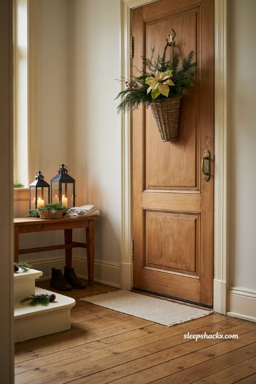 Green Christmas decor ideas with poinsettia basket on entry door