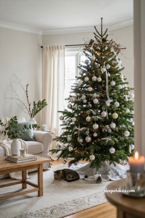 Green Christmas decor ideas with white and silver winter wonderland tree