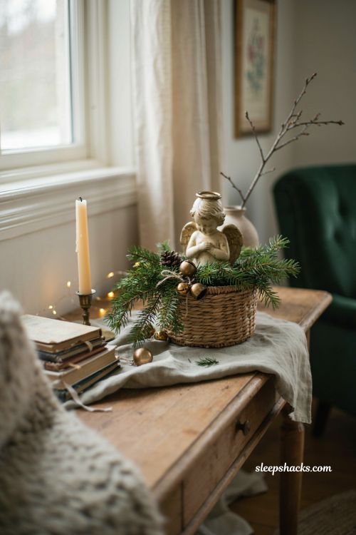 Green Christmas decor with figurine basket and greenery