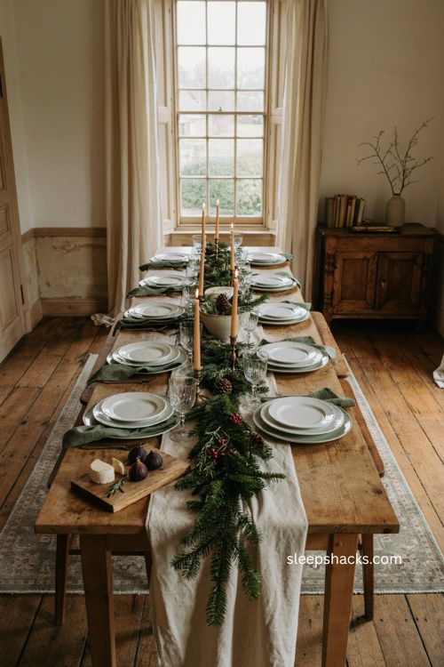 Green Christmas table setting with sage pine greenery and white china 