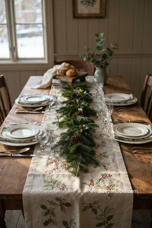 Green Christmas table with embroidered holly leaf runner and berry napkins 