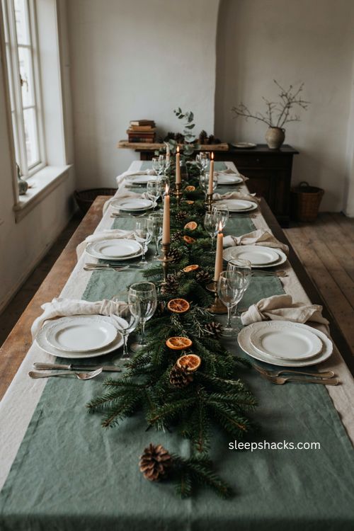 Green Christmas table with gold rimmed white china and elegant evergreen garland 