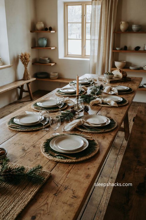 Green Christmas table with jute placemats cedar chargers and white plates 