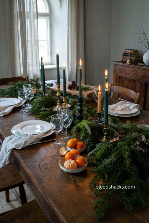 Green Christmas table with mixed brass and black candlesticks at varying heights 