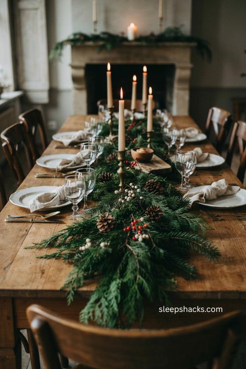 Green Christmas table with red berries woven through an evergreen garland 