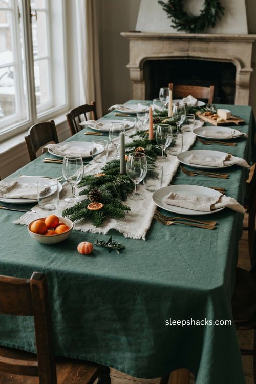 Green Christmas tablecloth with neutral runner and simple holiday table setting 