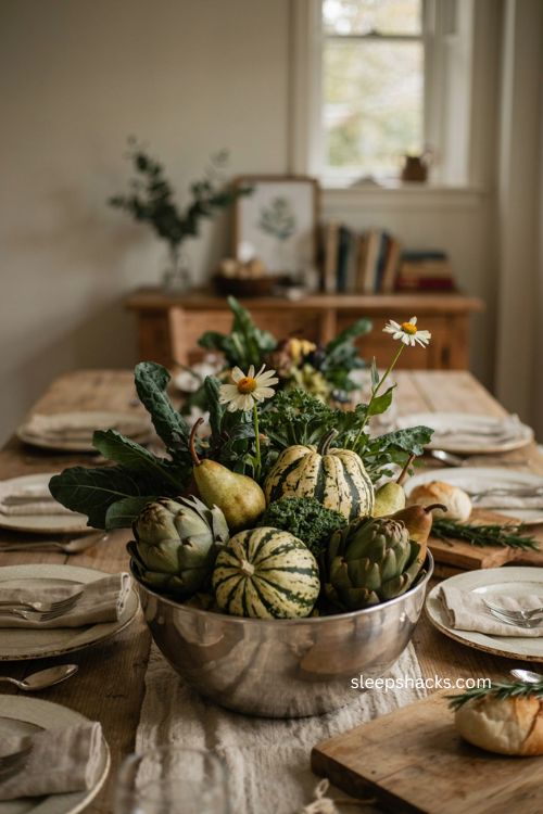 Green Thanksgiving centerpiece with pears artichokes kale gourds coneflowers and vintage silver vase 