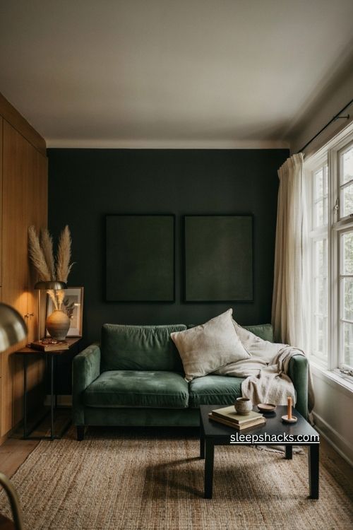 Green and black living room with warm wood moody decor and cozy textures