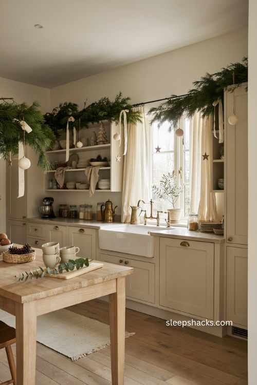 Green and cream Christmas decor on bright farmhouse kitchen cabinets 
