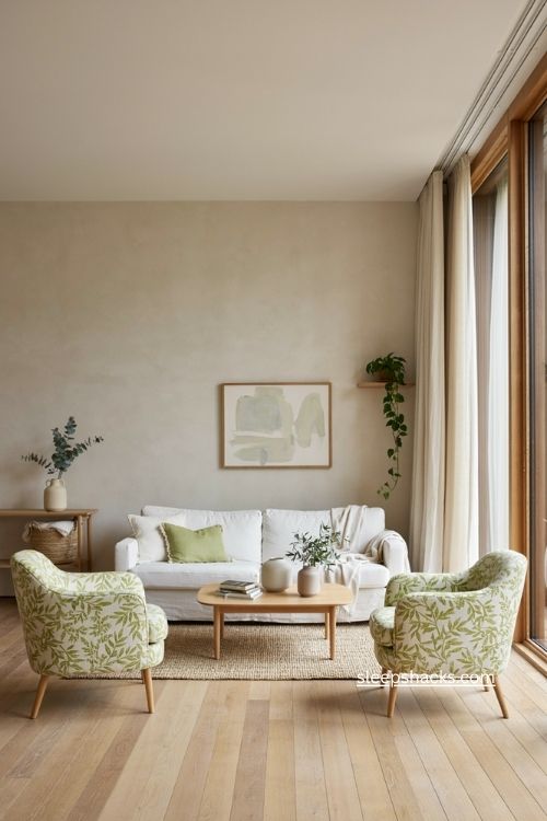 Green and white living room with lime patterned armchairs and bright modern decor