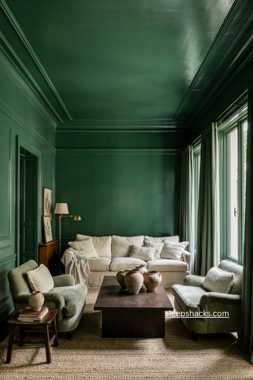 Green color drenched living room with deep green walls trim ceiling and warm wood