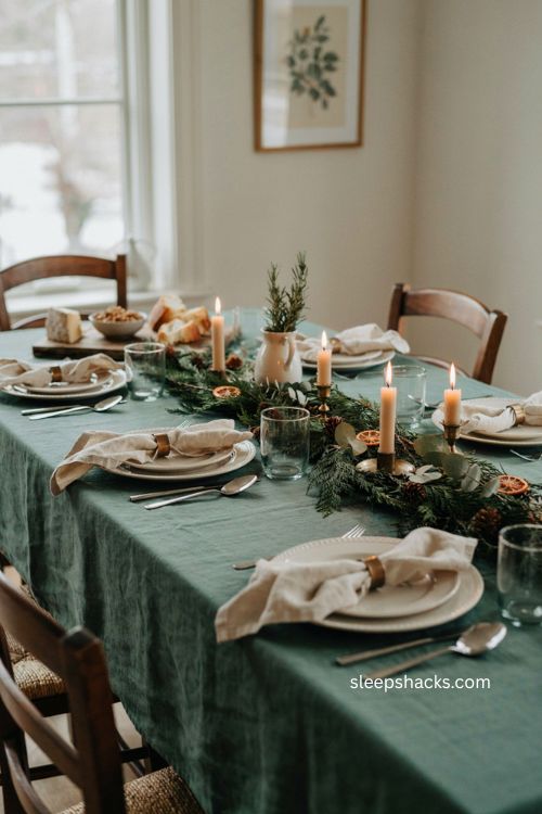 Green disposable Christmas table setting with garland candles and easy cleanup 