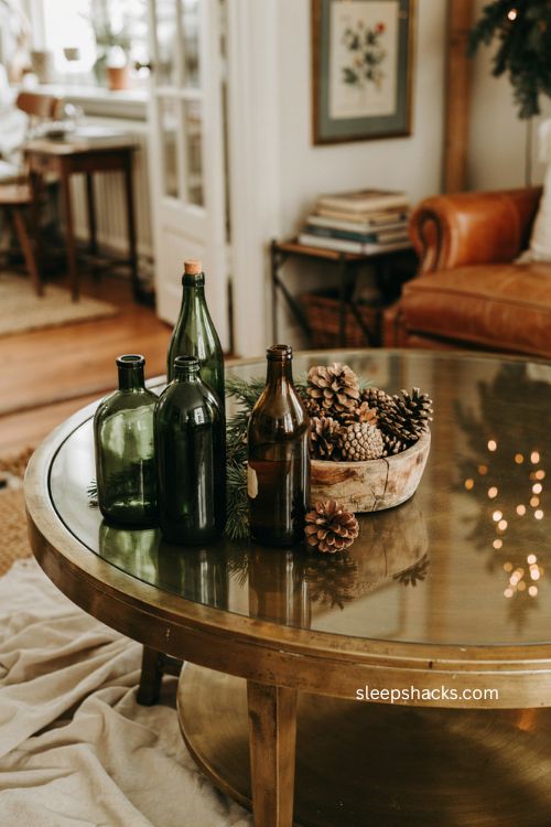 Green glass bottles and pinecones christmas coffee table decor 