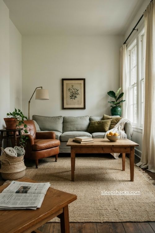 Green living room decor with sage hunter green warm wood and cozy layered accents
