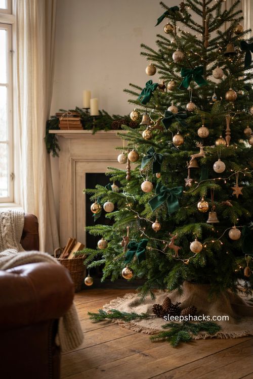 Green velvet bows on a sophisticated Christmas tree with gold and cream ornaments 